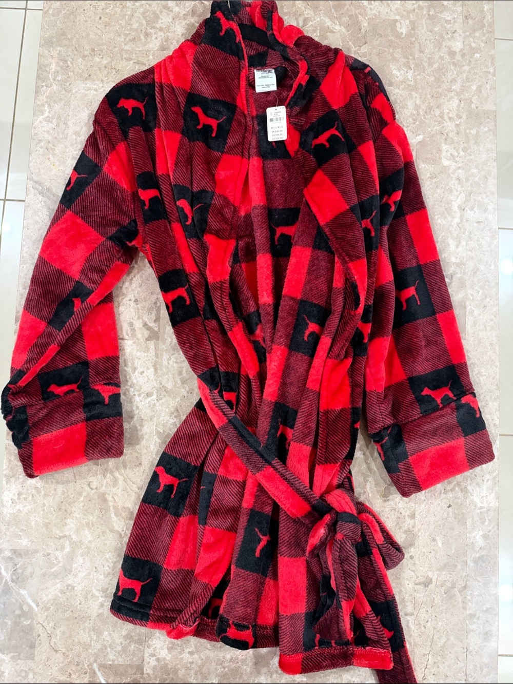 Women’s Red and Black Plaid Dog Print Plush Robe